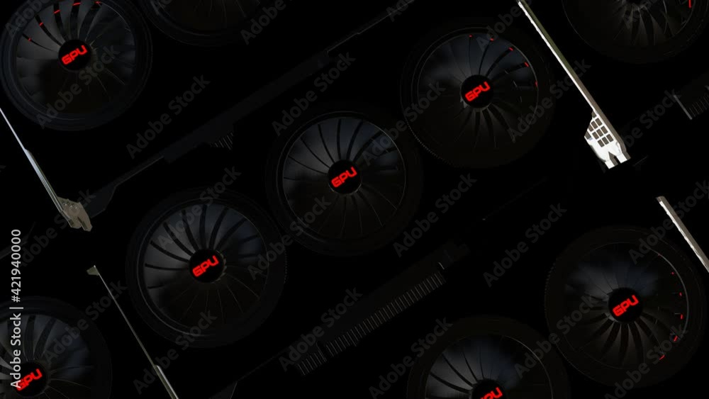 Aufkleber rows of three-dimensional models of modern video cards with rotating coolers. concept of mining farm