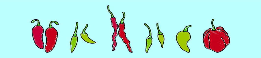 set of chili pepper cartoon icon design template with various models. vector illustration isolated on blue background