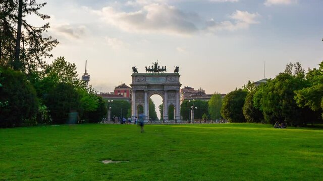 sunset light milan city famous arch park panorama 4k timelapse italy