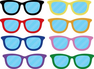 Vector illustration of collection of glasses of different colors with transparency in the lenses