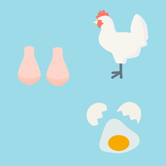 シンプルでかわいい鶏と鶏卵と鶏肉のイラストセット フラットデザイン