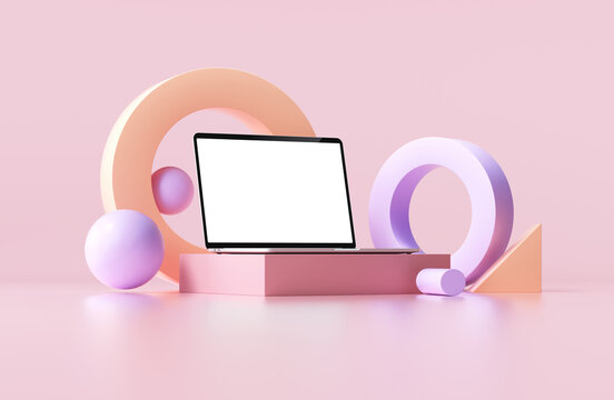 Laptop mockup white screen with geometric shapes on pink background 3d render illustration