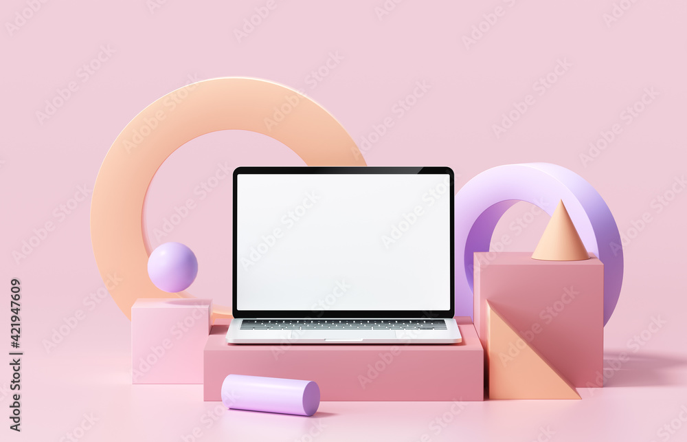 Poster minimal laptop computer front view with blank white screen. abstract geometric shapes isolated on pi
