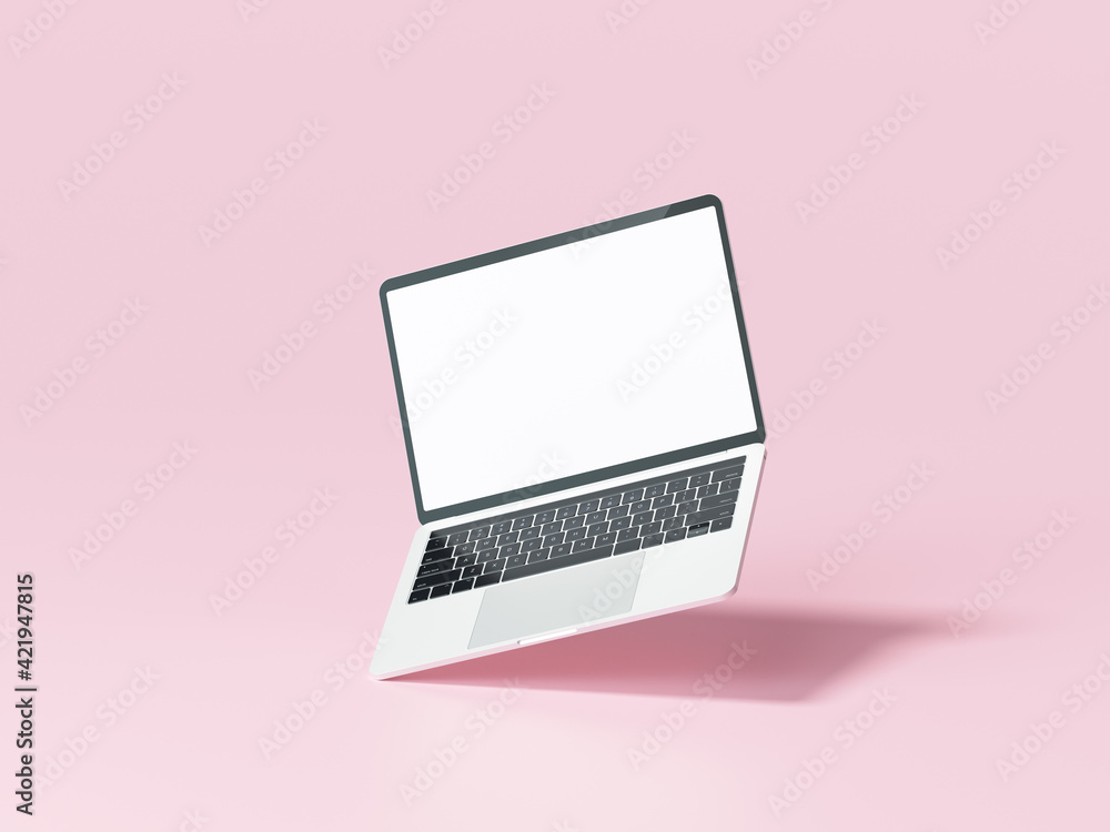 Fototapete laptop computer front view with blank white screen isolated on pink background. 3d render illustrati