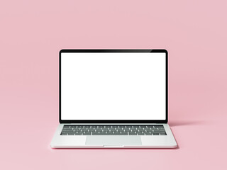 Laptop computer front view with blank white screen isolated on pink background. 3d render illustration - obrazy, fototapety, plakaty