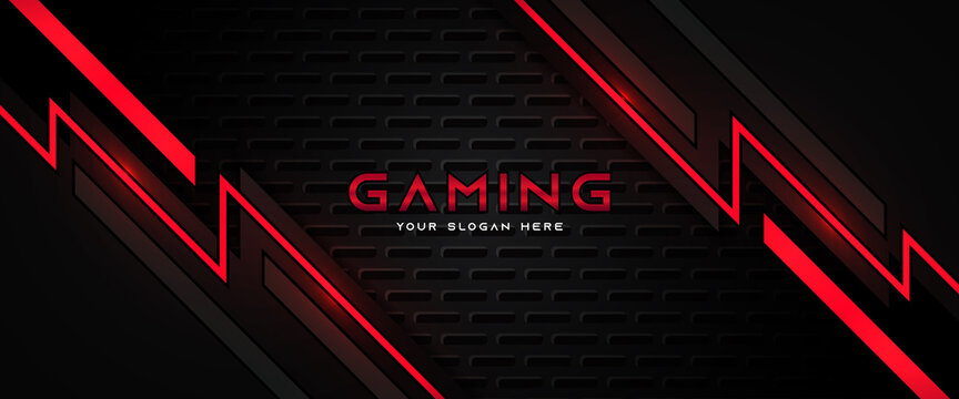 Futuristic black and red gaming banner design template with metal technology concept. Vector illustration for business corporate promotion, game header social media, live streaming background