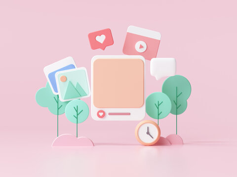 Social Media with photo frame on pink background for webpage banner. 3D render illustration