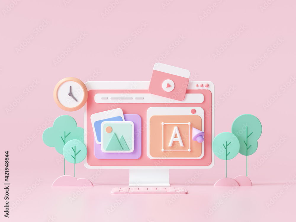 Poster web ui-ux design, web development concept. web building and seo optimization marketing. 3d render il
