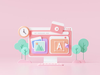 Web UI-UX design, web development concept. web building and SEO optimization marketing. 3d render illustration