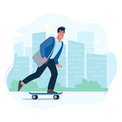 A man rides a modern skateboard to the office to work. Vector guy in a flat style on the background of the city.