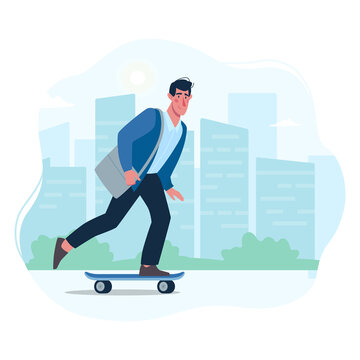 A man rides a modern skateboard to the office to work. Vector guy in a flat style on the background of the city.