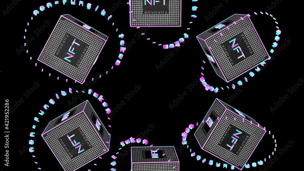 Poster rotating three-dimensional cube with the inscription nft. concept crypto art. 3d render