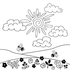 Vector set of doodle elements. Bees collect honey in a meadow. Sun, clouds, bees, flowers.The illustration is suitable for printing on children's clothing, postcard, part of the background, poster.