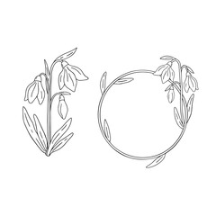 Vector hand-drawn illustrations of spring flowers and frame on a white background. Snowdrop and round frame. The drawing can be used to print invitations, labels, stickers, decorations for clothing.
