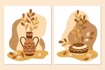 A set of interior paintings in warm colors. Hand-drawn vector illustrations of twigs, leaves, vases in boho style are suitable for decorating interior walls, greeting cards and other decor.