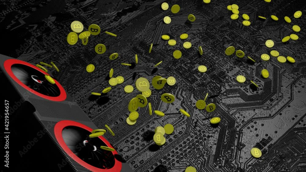 Aufkleber gold coins with the bitcoin symbol are pouring out of a working video card on a dark background. con