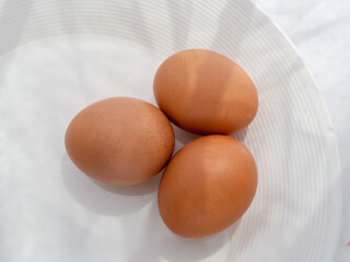 Three brown eggs placed together on a white plate and white background, with the sun coming through the window in the morning