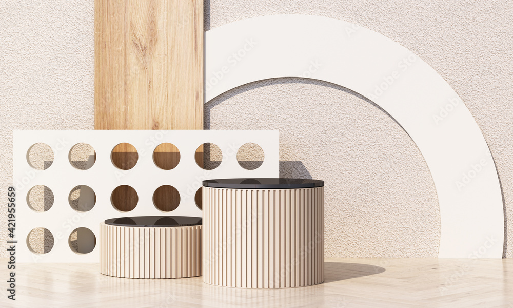 Aufkleber minimal 3d rendering scene with podium and abstract background. geometric shape in pastel colors wit