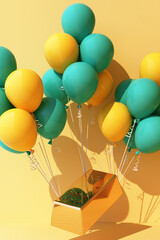 Yellow balloon Tied up with a gold bar and it's pulling it up 3d rendering