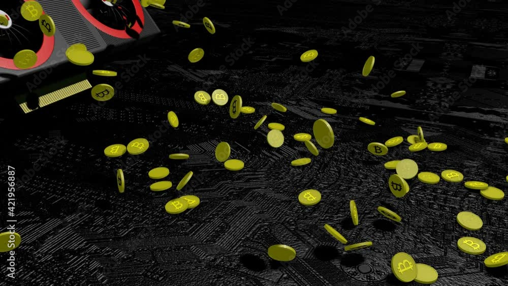 Aufkleber gold coins with the bitcoin symbol are pouring out of a working video card on a dark background. con