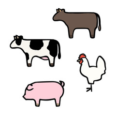 シンプルでかわいい家畜のイラストセット 手書き風