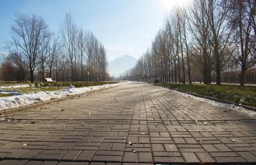 High mountains with snowy peaks, green grass, snow, trees, blue sky. Early spring. Park named after...