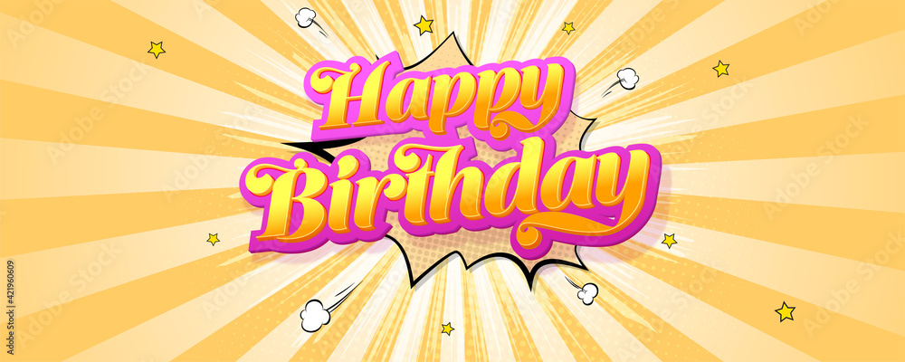 Poster happy birthday. volumetric glossy text on vintage background with halftone effect. rays of burst and