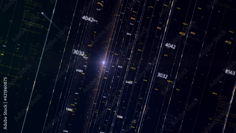 Poster abstract virtual space with parallel narrow lines and changing numbers on black background, seamless