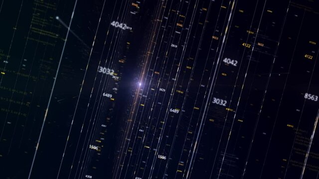 Abstract virtual space with parallel narrow lines and changing numbers on black background, seamless loop. Animation. Big data center, concept of information storage.