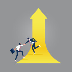 Helping hand concept, extending a helping hand to colleague, Businessman lends a helping colleague  to climb arrow and growing together