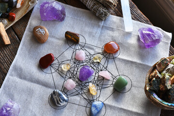 A close up image of a chakra healing grid using sacred geometry. 