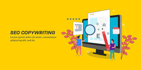 Seo copy writing  concept. Blogger with seo expert working team, content on media publication for business seo, content development and search engine optimization concept, web banner line art.