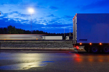 Stockholm, Sweden A truck stop on the E4 highway at night.