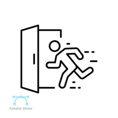 Emergency exit icon. direction arrow sign safety symbol. Safe condition, escape route sign. fire door, safe way. outline style Editable stroke vector illustration design on white background. EPS 10