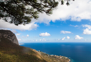 View of the city of Foros and the Black Sea in summer from the observation deck of the Foros Church. Travel concept.