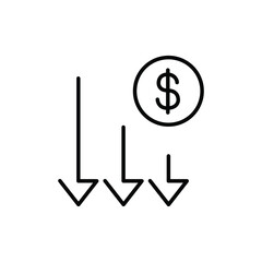 Financial risk icon. Money Loss, risk for mobile app, button web. benefit cost reduce dollar, arrows save price salary reduction cost outline style Vector illustration design on white background EPS10