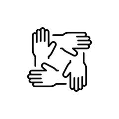 Fototapeta premium Four hands teamwork icon. Symbol of team work, charity organization, donation community, unity equality. four connected support. outline style vector illustration design on white background EPS 10
