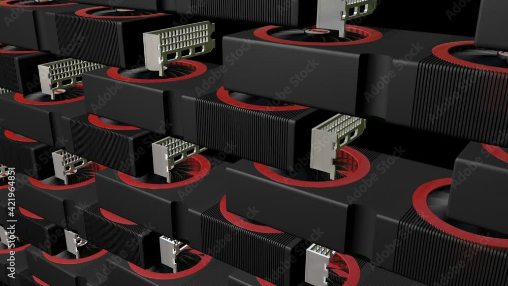 Aufkleber rows of three-dimensional models of modern video cards with rotating coolers. concept of mining farm