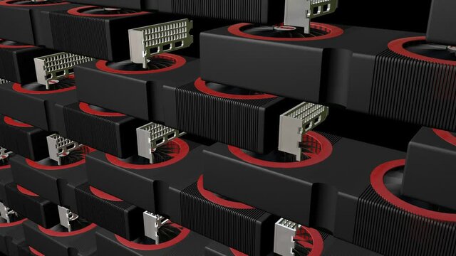 rows of three-dimensional models of modern video cards with rotating coolers. concept of mining farm on GPU. 3d render