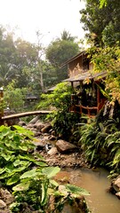 Fototapeta na wymiar March 18 2021 - Ratchaburi, Thailand : Wooden house near small creek in countryside, Thailand.