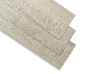 Vinyl tiles for home interior design for house renovation. New wooden pattern vinyl tile. Vinyl flooring material. Polymer vinyl sheet for new home floor. PVC material isolated on white background.