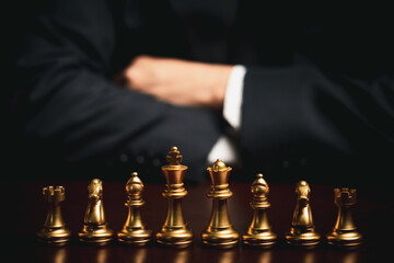Business man planning strategy with chess figures, business strategy plan concept