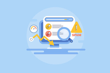 Website analysis, website link profile, spam link detection software checking, poor search engine ranking and high bounce rate, comment spam concept. Outline style web banner. - obrazy, fototapety, plakaty