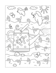 Coloring page. Spring and gardening scene with watering can, young sprouts, birds, insects.
