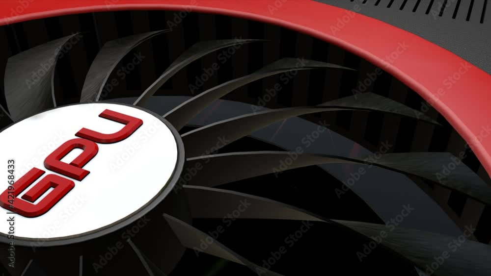 Poster 3d model of a modern video card with rotating coolers close-up. 3d render