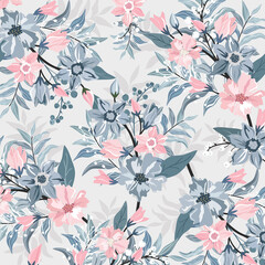 Pink and blue blossom with blue leaf pattern.