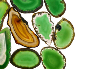 green and brown agate stones  set. slices of natural stone isolated on white background. Agate pattern In  green and brown tones.Texture of natural stone agate.Agate geode crystal.