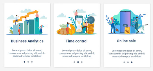 Obraz na płótnie Canvas Modern flat illustrations in the form of a slider for web design. A set of UI and UX interfaces for the user interface.The topic is Business analytics, time control and online sales.