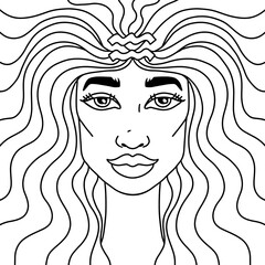 Beautiful girl portrait adult coloring book. ZBlack and white zodiac sign aquarius. Vector illustration.