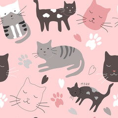 cute vector seamless pattern with hand drawn difference cats, paws, naive childish ornament. pattern for printing on fabric, clothing, wrapping paper, wallpaper for a kid's room, baby things